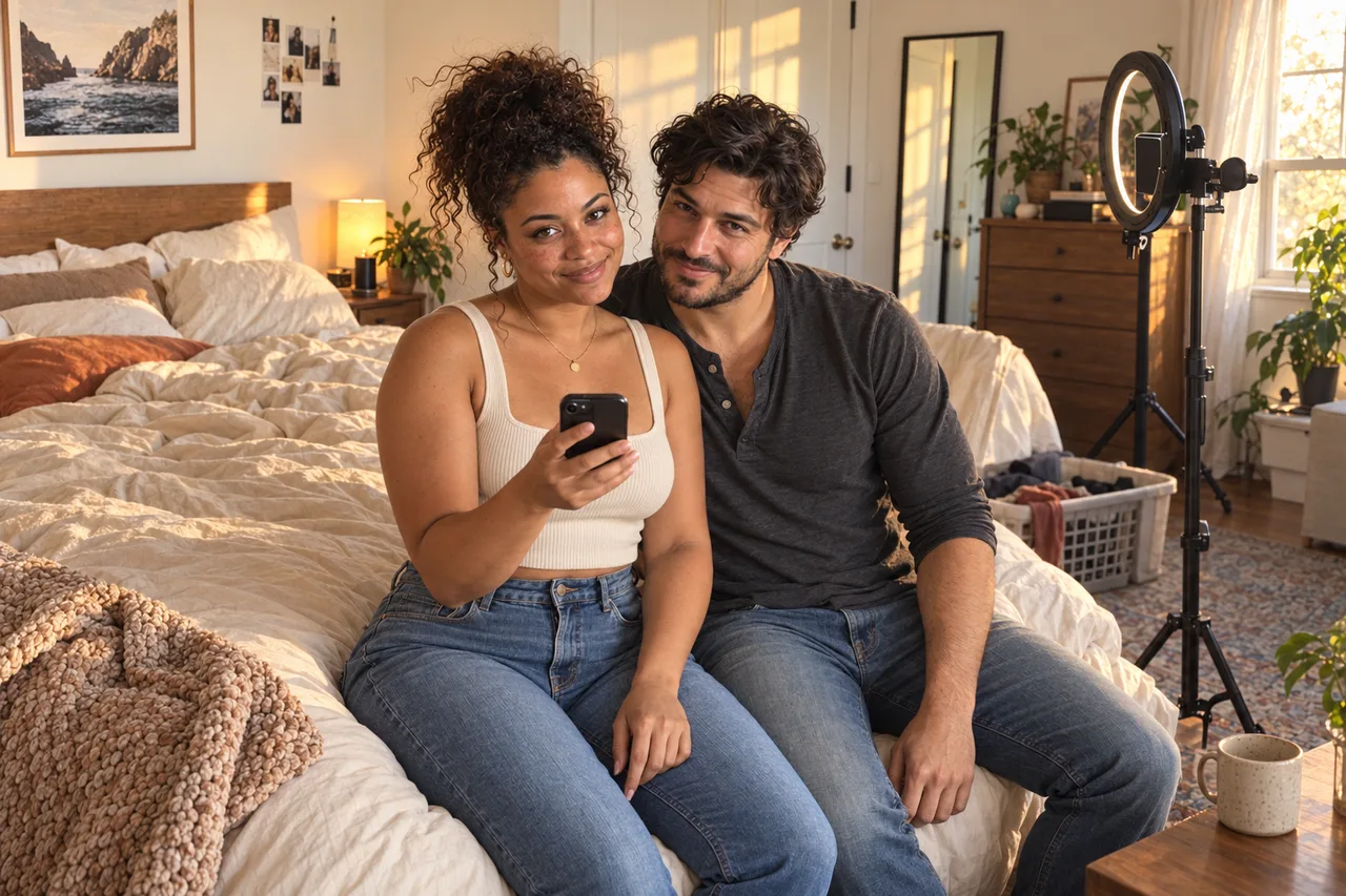 Adult couple posing with a phone in their bedroom beside filming equipment.